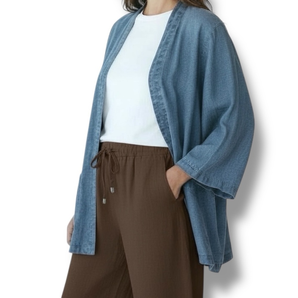 J. Jill Pure Jill Indigo Blue Linen Open Front Lagenlook Jacket Style L